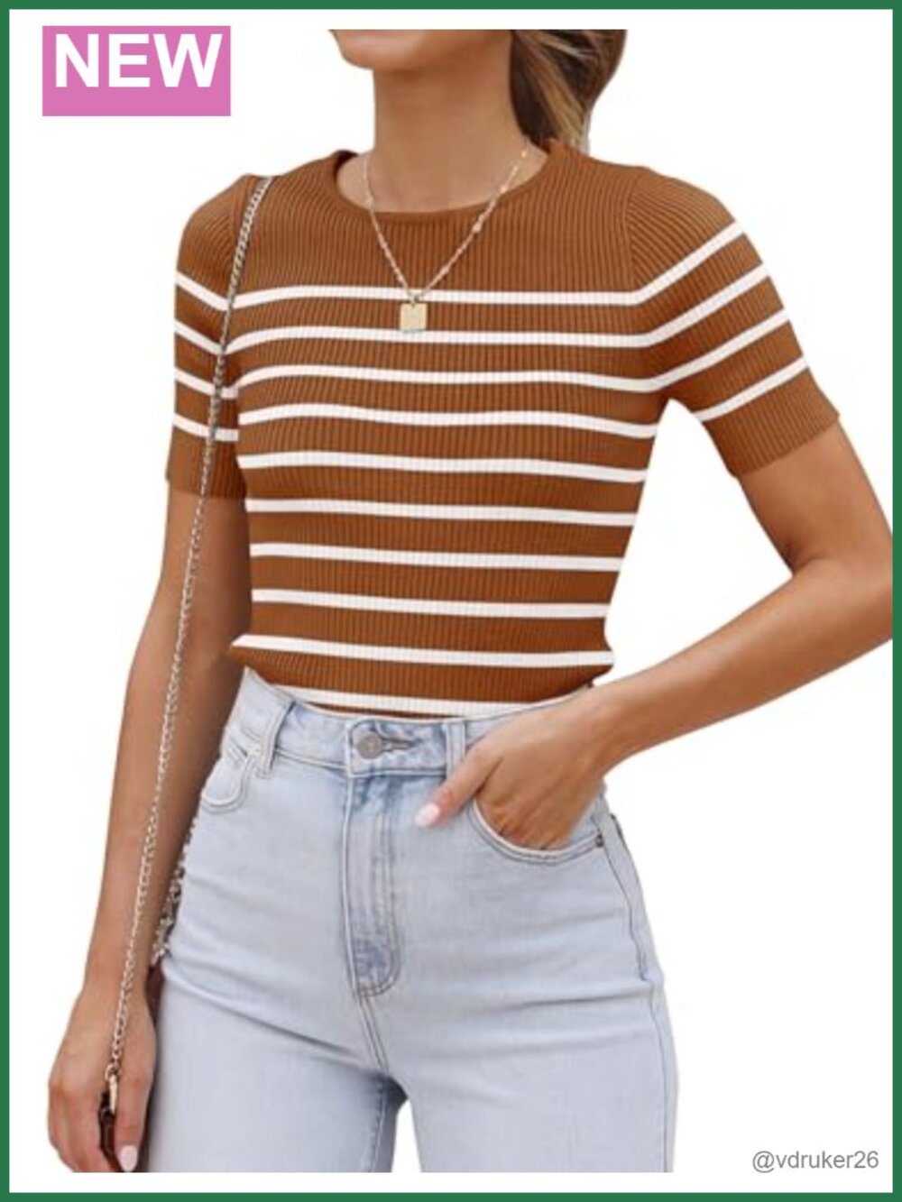 Striped Short Sleeve Ribbed Knit Fitted T Shirt Crewneck Slim Fit Top